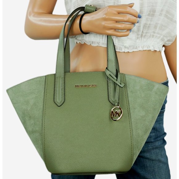 New Michael Kors Portia Small Tote Leather and Suede Army Green - Picture 1 of 4